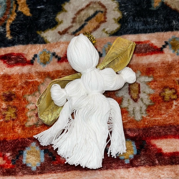 Vintage White Woven Angel Ornament with Gold Tassel and Bow - Picture 2 of 4